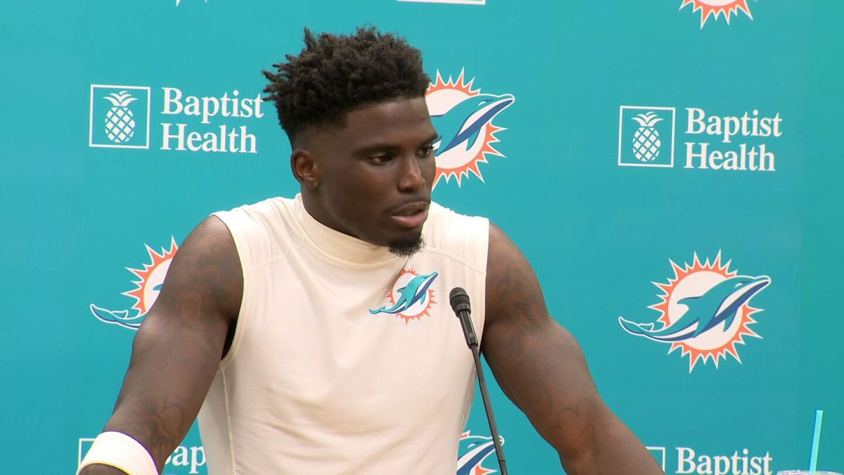 <i>WFOR via CNN Newsource</i><br/>Tyreek Hill speaks to reporters about traffic stop at a press conference in September.