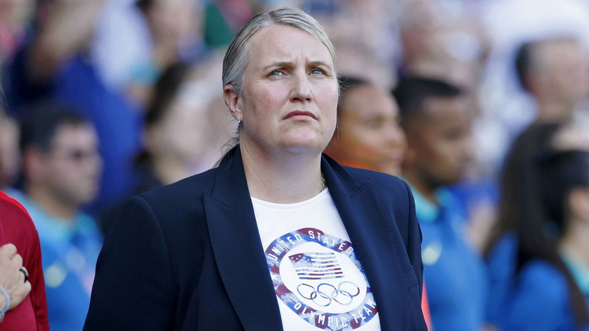 <i>Yukihito Taguchi/USA TODAY Sports/Reuters via CNN Newsource</i><br/>United States head coach Emma Hayes looks on during the national anthem before the women's soccer gold medal match during the Paris 2024 Olympic Summer Games at Parc des Princes.