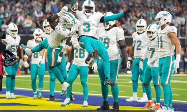 Wide receiver Tyreek Hill (left) celebrates his touchdown against the Los Angeles Rams.