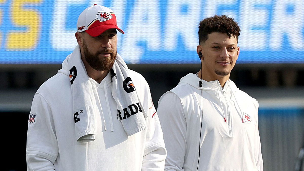 <i>Harry How/Getty Images/File via CNN Newsource</i><br/>Travis Kelce and Patrick Mahomes of the Kansas City Chiefs look on from the sidelines during a game against the Los Angeles Chargers at SoFi Stadium in Inglewood