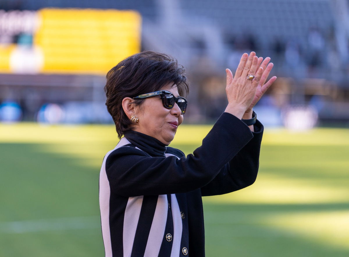 <i>Brad Smith/ISI Photos/Getty Images via CNN Newsource</i><br/>Washington Spirit owner Michele Kang waves to the crowd during a NWSL playoff semifinal game between NJ/NY Gotham FC and Washington Spirit at Audi Field on November 16. Kang has pledged $30 million to US Soccer.