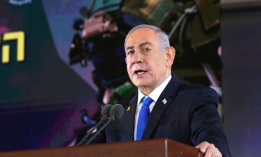 Israel's Prime Minister Benjamin Netanyahu delivers a speech during a ceremony marking the Hebrew calendar anniversary of the Hamas attack on October 7 last year that sparked the ongoing war in Gaza