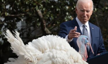 President Joe Biden pardons the National Thanksgiving turkeys Liberty and Bell during a ceremony on the South Lawn of the White House in November 2023