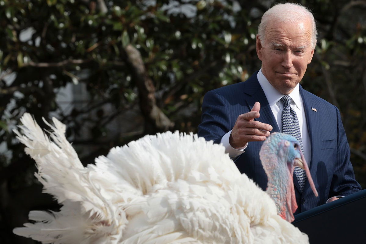 <i>Win McNamee/Getty Images via CNN Newsource</i><br/>President Joe Biden pardons the National Thanksgiving turkeys Liberty and Bell during a ceremony on the South Lawn of the White House in November 2023