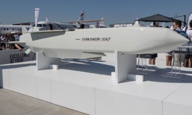 A Storm Shadow cruise missile is seen on display at the company's booth at the International Paris Air Show 2023 at the Le Bourget Airport.