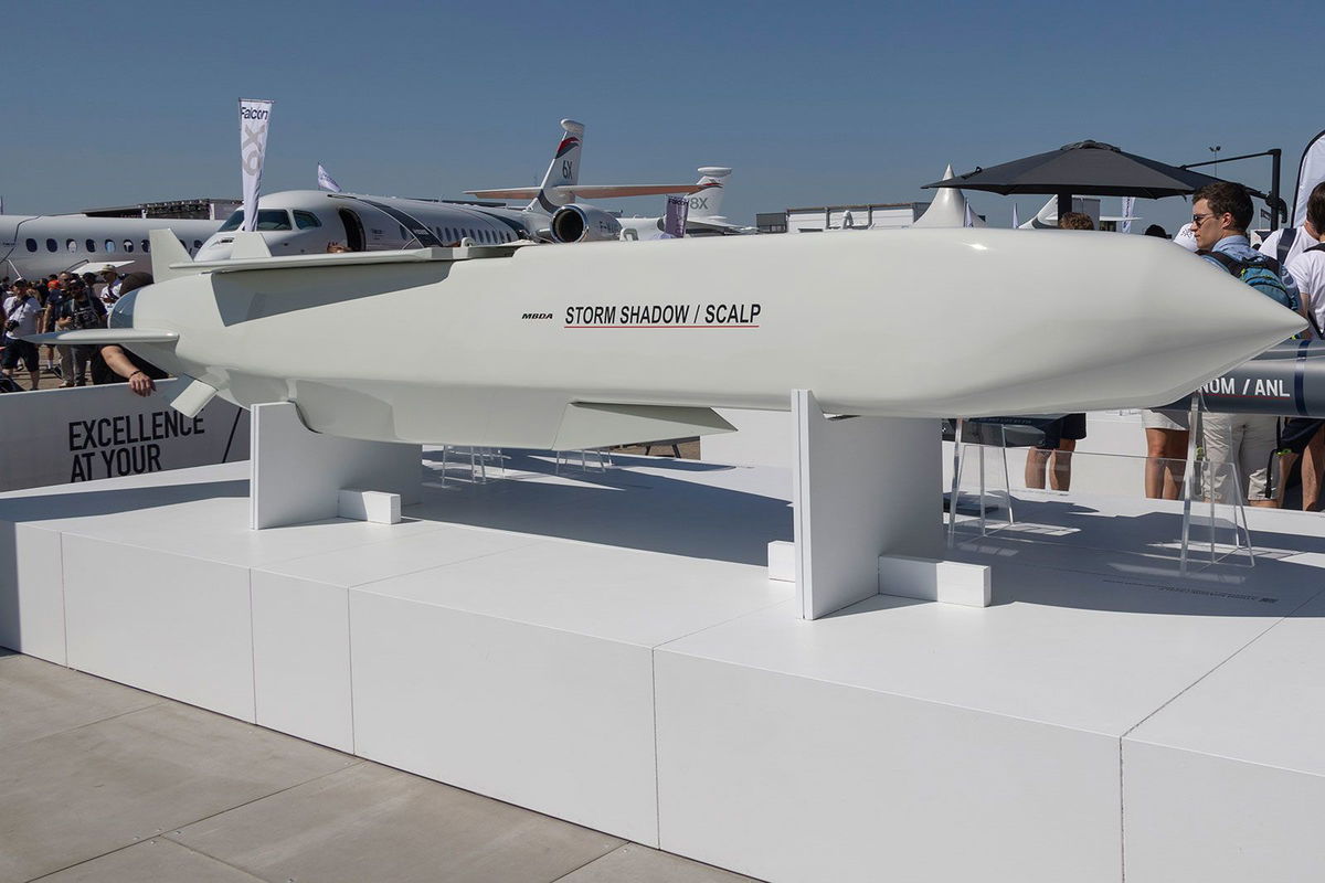 <i>Nicolas Economou/NURPHO/Associated Press/File via CNN Newsource</i><br/>A Storm Shadow cruise missile is seen on display at the company's booth at the International Paris Air Show 2023 at the Le Bourget Airport.