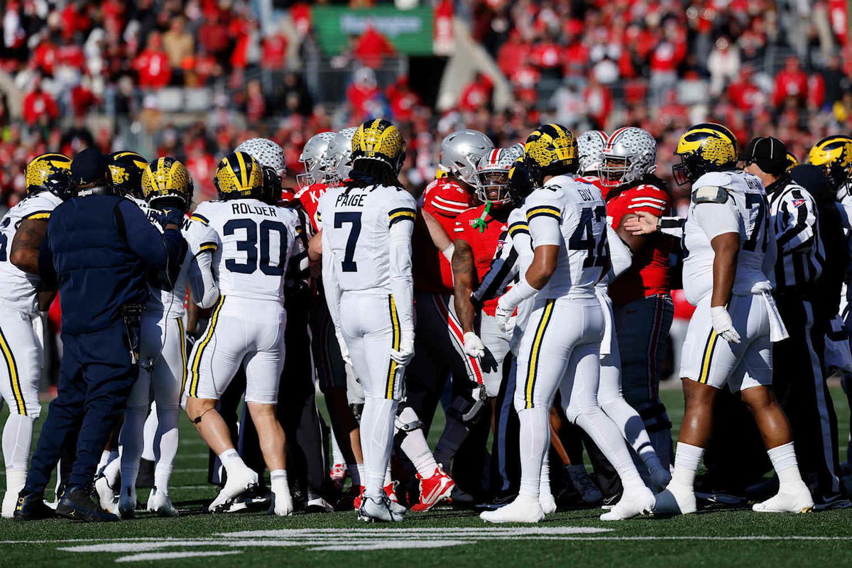 <i>Jason Mowry/Getty Images via CNN Newsource</i><br/>Michigan celebrates go-ahead field goal against Ohio State.