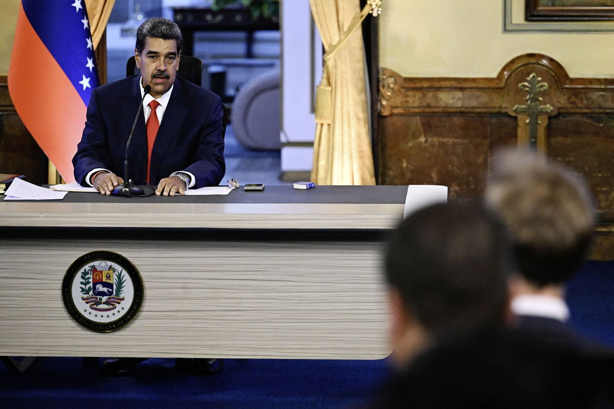 <i>Juan Barreto/AFP/Getty Images/File via CNN Newsource</i><br/>Venezuelan President Nicolas Maduro speaks during a press conference about the presidential election at the Miraflores presidential palace in Caracas on August 2.