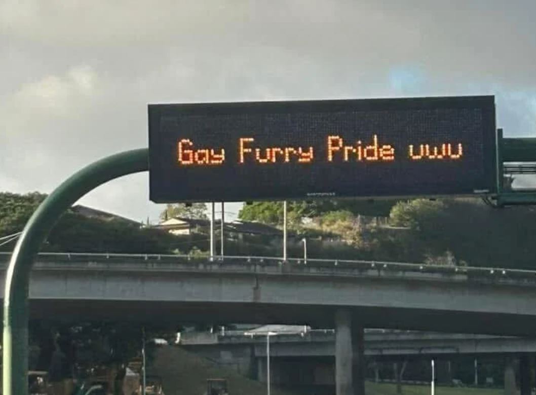 <i>KITV via CNN Newsource</i><br/>An unauthorized message was made on a sign on Hawaii's Moanalua Freeway to say “Gay Furry Pride uwu”.