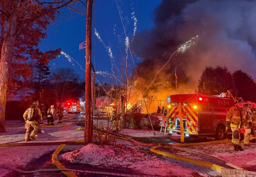 <i>Oakham Fire Department via CNN Newsource</i><br/>Crews encountered exploding fireworks and icy conditions at a fire that destroyed two homes in Spencer