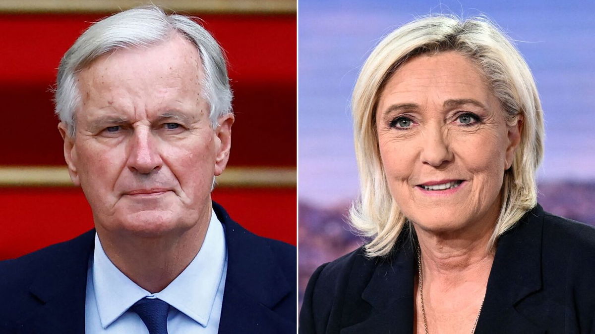 <i>Getty Images via CNN Newsource</i><br/>French Prime Minister Michel Barnier and Marine Le Pen of the far-right National Rally are pictured in a split image.