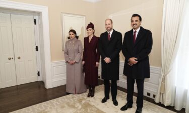 The Princess of Wales greets dignitaries as she arrives for the ceremonial welcome for the Emir of Qatar at Horse Guards Parade.