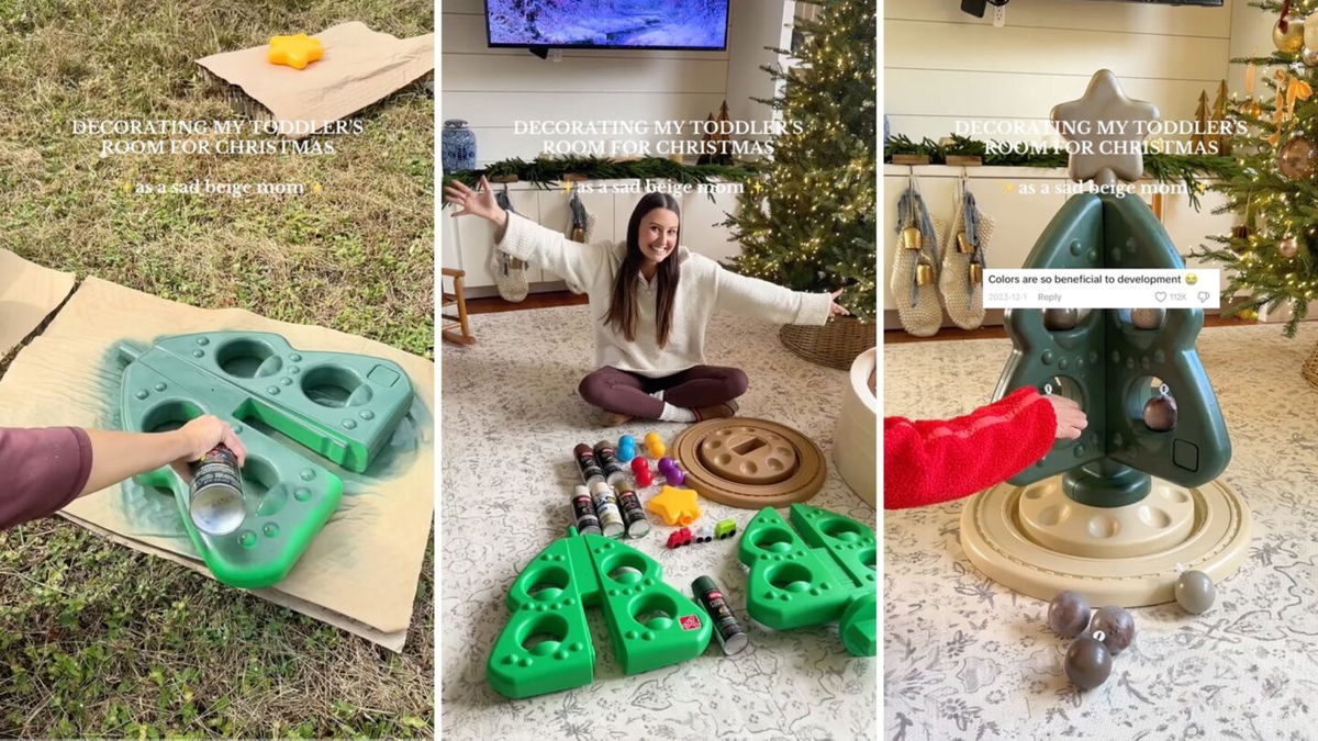 <i>Nattie Powell/@nattiejopo via CNN Newsource</i><br/>Nattie Powell was called a 'beige mom' for painting a Christmas tree toy using neutral colors.