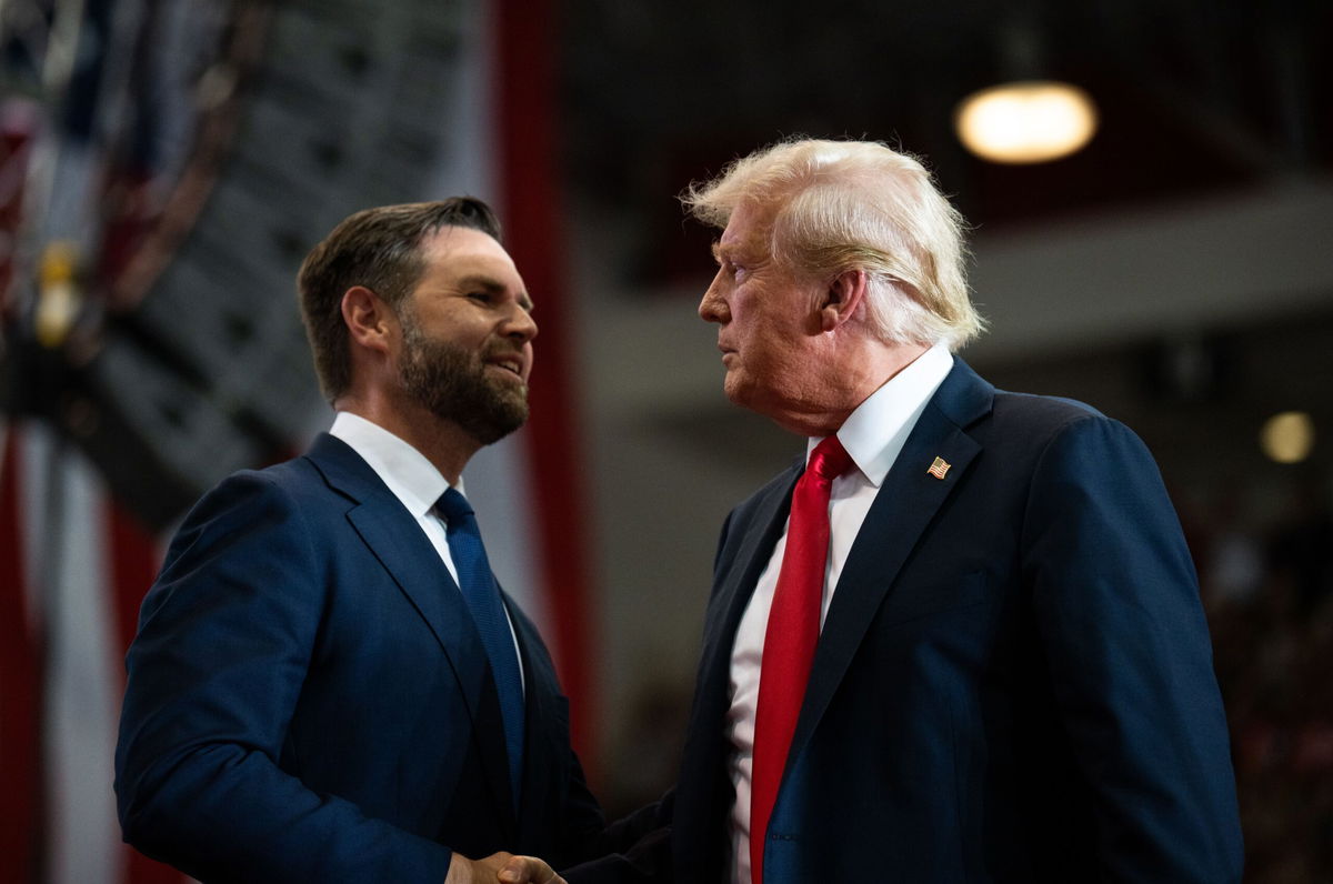 <i>Stephen Maturen/Getty Images via CNN Newsource</i><br/>Sen. J.D. Vance introduces then-Republican Presidential nominee former President Donald Trump during a rally at Herb Brooks National Hockey Center on July 27 in St Cloud