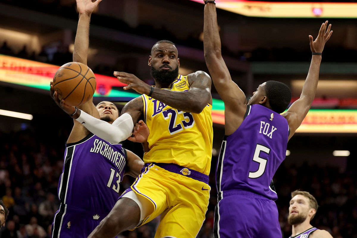 <i>Jed Jacobsohn/AP via CNN Newsource</i><br/>Los Angeles Lakers forward LeBron James (23) passed six-time MVP Kareem Abdul-Jabbar for the most all-time minutes played in the regular season in NBA history.