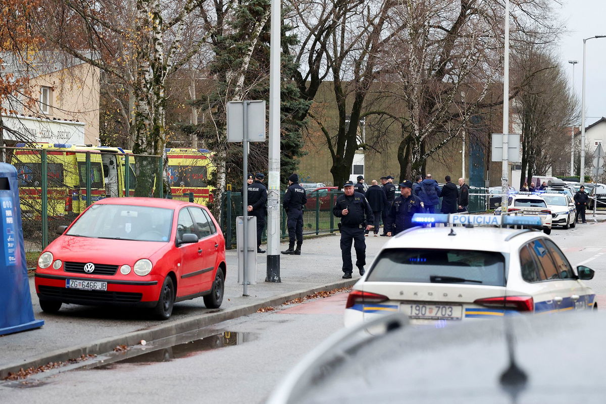 <i>Antonio Bronic/Reuters via CNN Newsource</i><br/>Police officers respond to a knife attack at a primary school in Zagreb