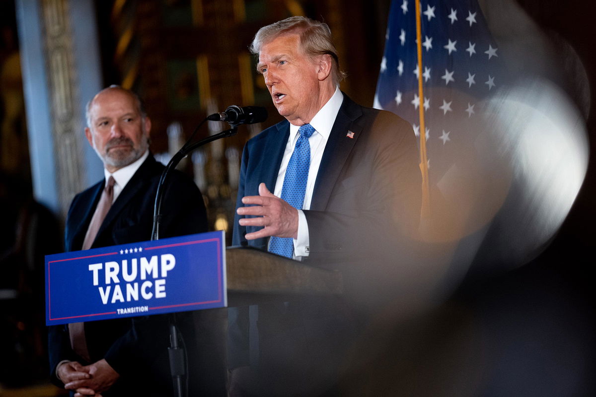 <i>Andrew Harnik/Getty Images via CNN Newsource</i><br/>President-elect Donald Trump speaks at a news conference at Trump's Mar-a-Lago resort on December 16