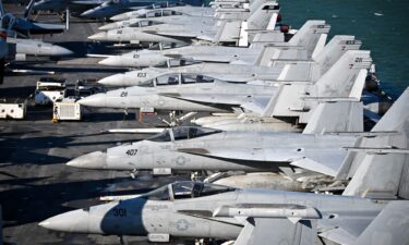 F-18 fighter jets are seen on the flight deck of USS Gerald R. Ford in November 2022