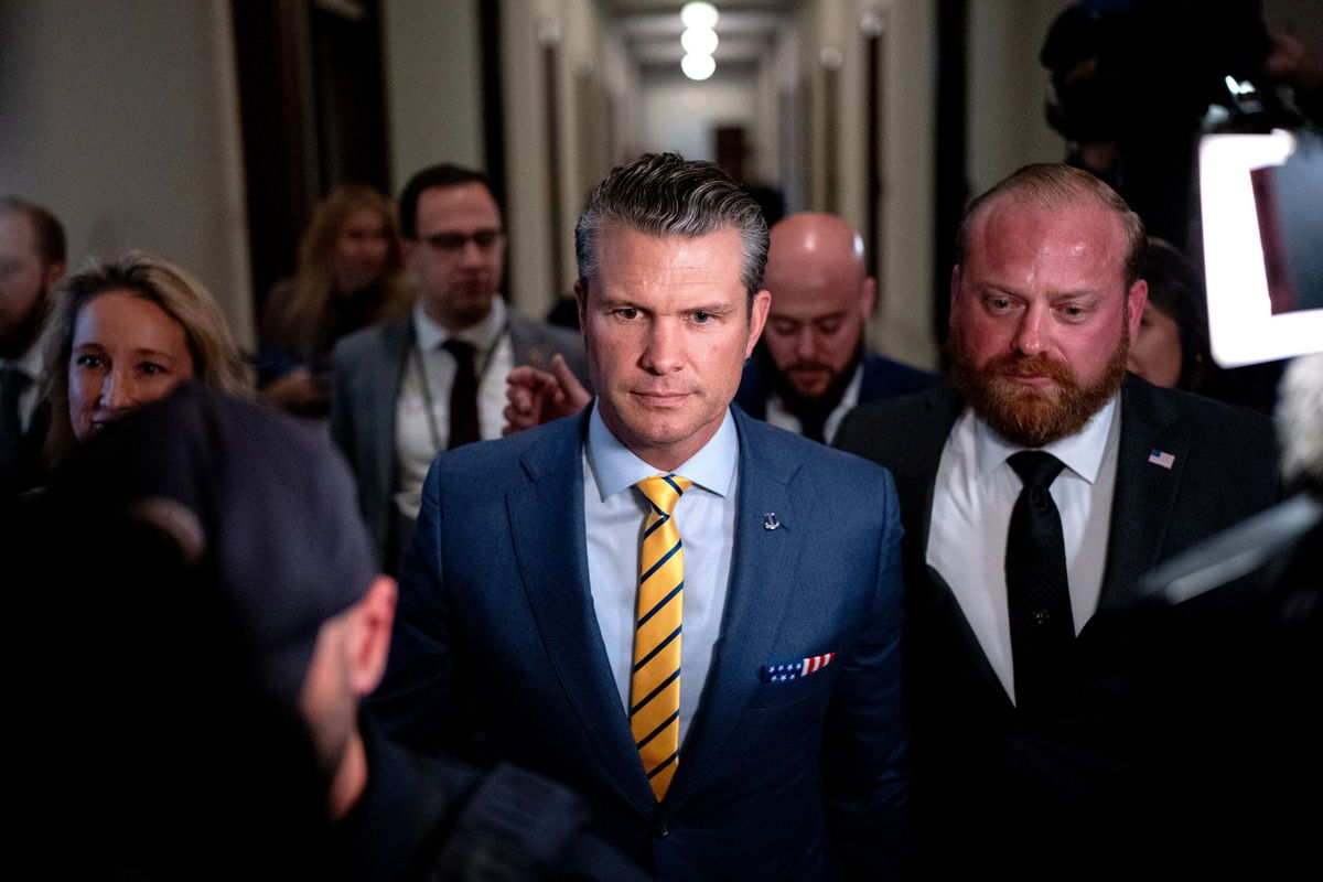 <i>Andrew Harnik/Getty Images via CNN Newsource</i><br/>Pete Hegseth walks through the Russell Senate Office Building on Capitol Hill on December 3