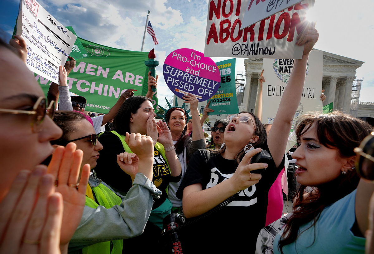 <i>Andrew Harnik/Getty Images via CNN Newsource</i><br/>Abortion rights advocates and anti-abortion opponents clash outside the US Supreme Court on April 24 in Washington