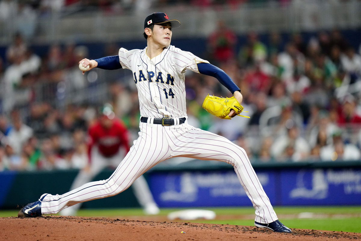 <i>Daniel Shirey/MLB/Getty Images via CNN Newsource</i><br/>Roki Sasaki pitches for Team Japan during the 2023 World Baseball Classic Semifinal game between Team Mexico and Team Japan at loanDepot Park on March 20