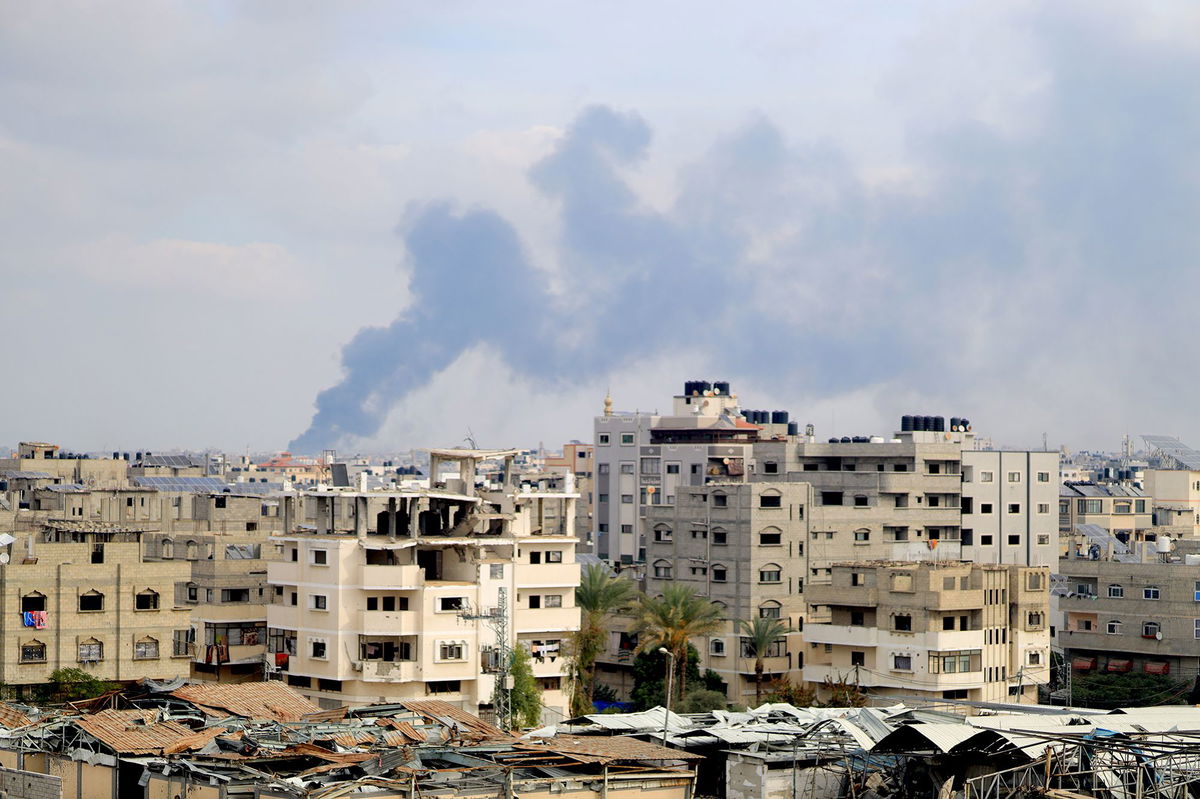 <i>Mahmoud Isleem/Anadolu/Getty Images via CNN Newsource</i><br/>Smoke rises after Israeli airstrikes hit Gaza Strip on December 12