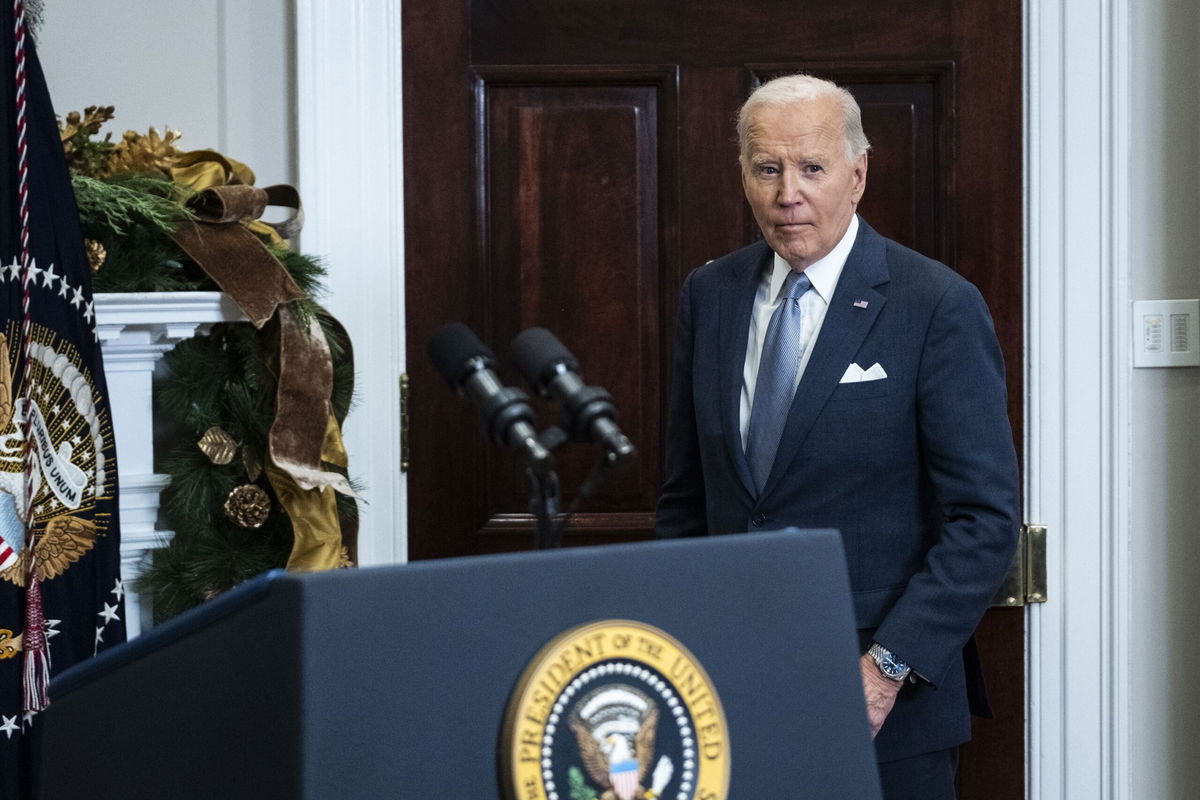 <i>Pete Marovich/Getty Images via CNN Newsource</i><br/>President Joe Biden delivers remarks on the latest developments in Syria from the Roosevelt Room of the White House on December 8 in Washington