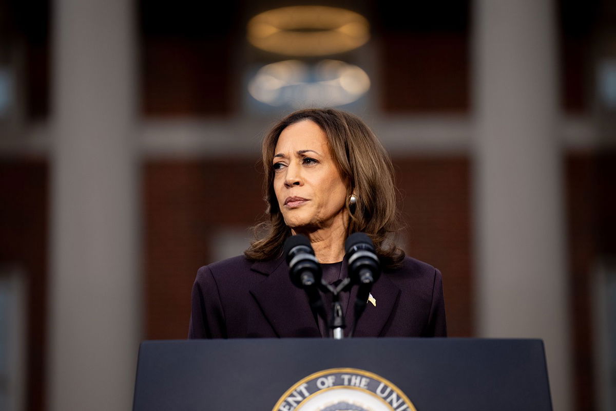 <i>Andrew Harnik/Getty Images via CNN Newsource</i><br/>Vice President Kamala Harris is seen speaking on stage as she concedes the election