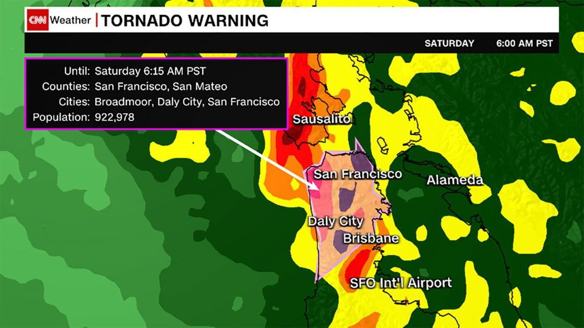 <i>CNN Weather via CNN Newsource</i><br/>Downtown San Francisco experiences first tornado warning in recorded history.