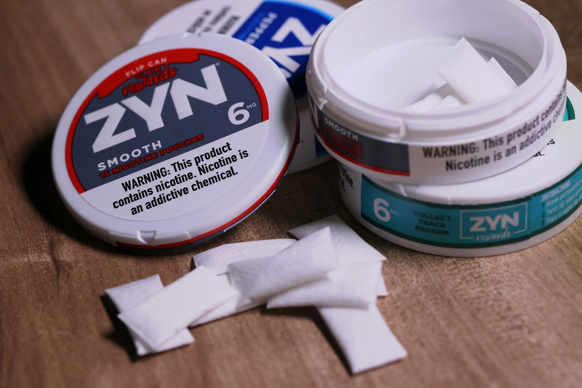 <i>Michael M. Santiago/Getty Images via CNN Newsource</i><br/>Nicotine pouches such as Zyn are held between the inner lip and the gum and contain nicotine or synthetic nicotine and flavoring such as mint or fruit flavor.