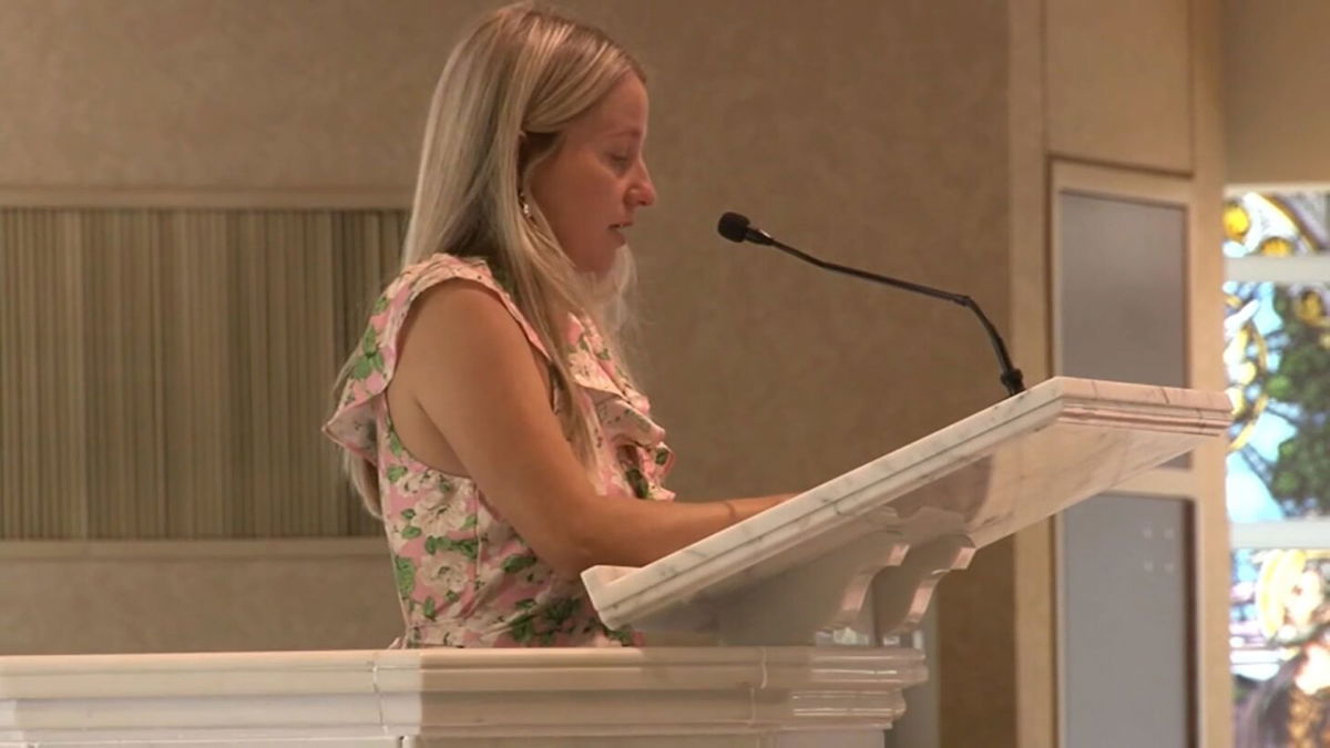 <i>WPVI via CNN Newsource</i><br/>Madeleine Gaudreau speaks at the funeral service of her husband Matthew Gaudreau