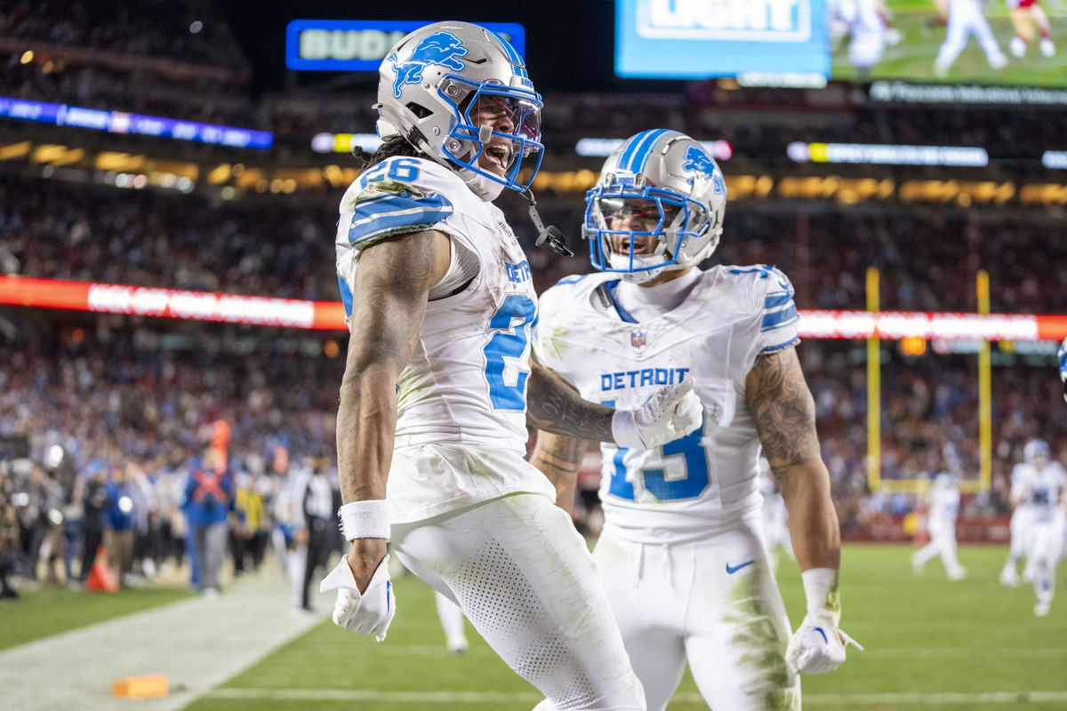 <i>Kyle Terada/USA Today Sports/Reuters via CNN Newsource</i><br/>Detroit Lions running back Jahmyr Gibbs (26) celebrates after scoring a fourth quarter touchdown against the San Francisco 49ers.