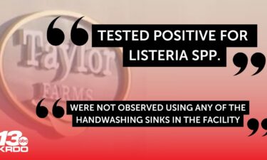 A graphic with the Taylor Farms logo showing two direct quotes from the report: "TESTED POSITIVE FOR LISTERIA SPP." and "WERE NOT OBSERVED USING ANY OF THE HANDWASHING SINKS IN THE FACILITY."