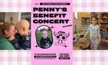 A flyer for Penny's Benefit Concert (Saturday, Jan. 18, 2025 at Falcon High School at 6:30 p.m.) and two pictures of Penny.