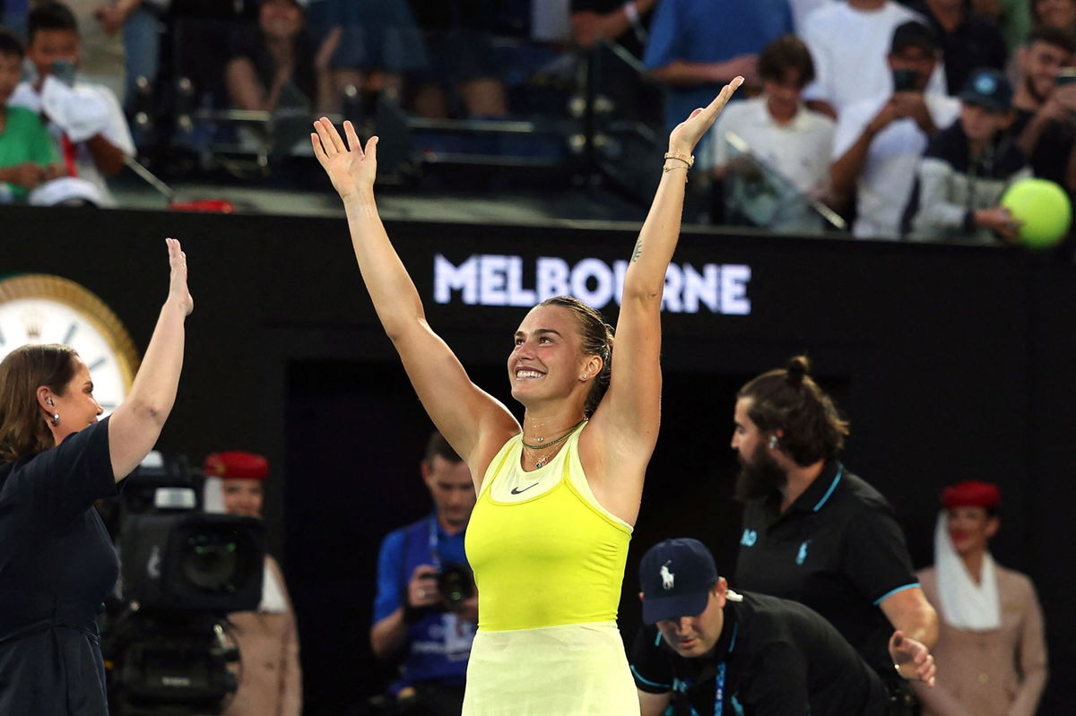 <i>Adrian Dennis/AFP/Getty Images via CNN Newsource</i><br/>Aryna Sabalenka celebrates beating Sloane Stephens in the first round of the Australian Open.