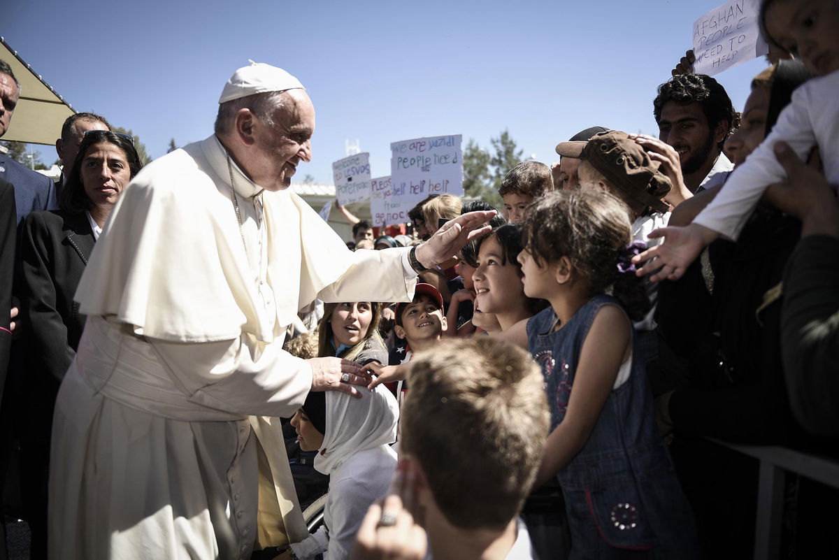 <i>Andrea Bonetti/Greek Prime Minister's Office/Getty Images via CNN Newsource</i><br/>Pope Francis meets migrants at the Moria detention center on April 16