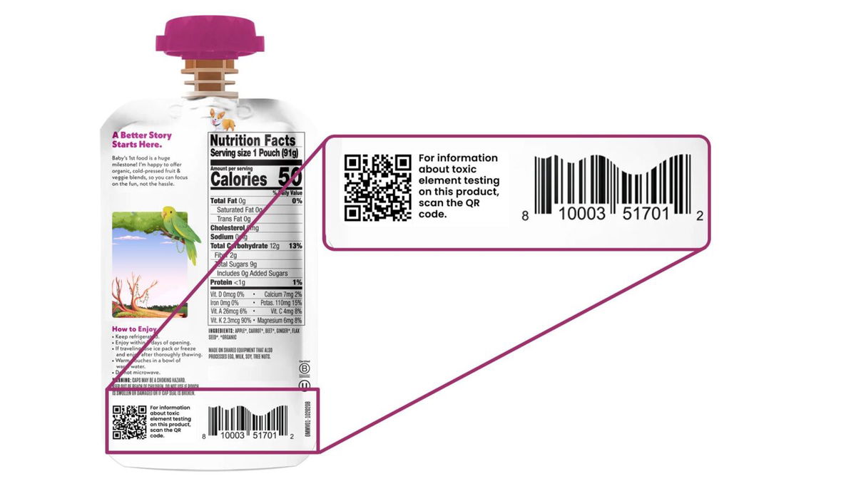 <i>Zack Morrison via CNN Newsource</i><br/>An example of how a baby food label may look under a new California law that requires baby food manufactures to provide test levels of heavy metals.