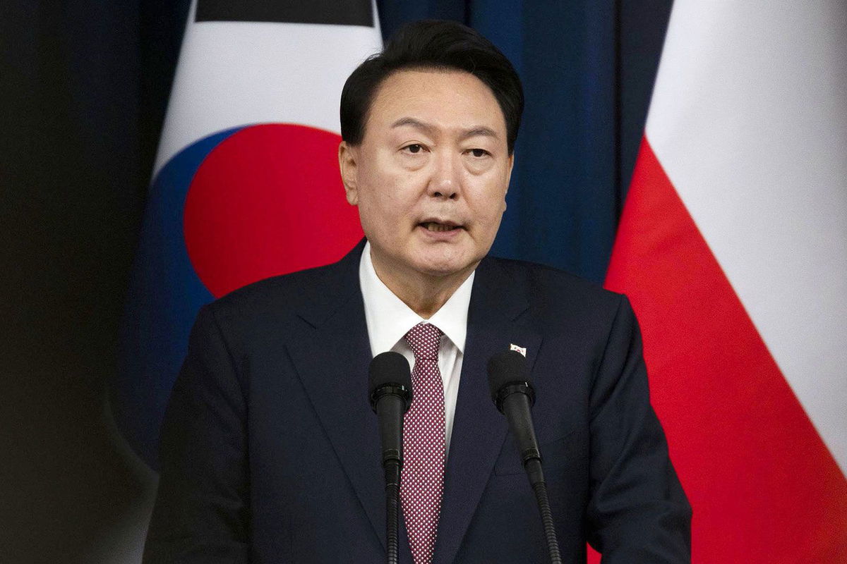 <i>Pool/Kyodo News/Getty Images/File via CNN Newsource</i><br/>South Korean President Yoon Suk Yeol speaks during a  press conference in Seoul on October 24.