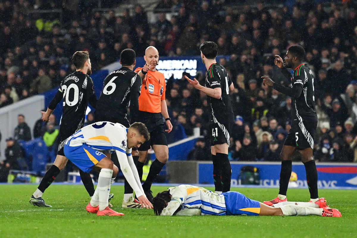 <i>Glyn Kirk/AFP/Getty Images via CNN Newsource</i><br />Brighton's Brazilian striker João Pedro reacts following the foul as referee Anthony Taylor gives a penalty to Brighton.