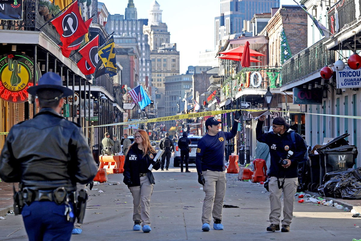 <i>Kyle Mazza/Anadolu/Getty Images via CNN Newsource</i><br/>Law enforcement agents maintained a high security presence on Bourbon Street