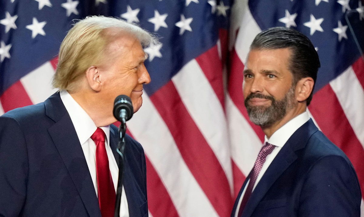 <i>Alex Brandon/AP/File via CNN Newsource</i><br/>US President-elect Donald Trump and his son Donald Trump Jr. are seen at an election night watch party on November 6 in West Palm Beach