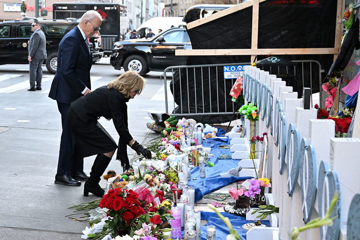 <i>Stephanie Scarbrough/AP via CNN Newsource</i><br/>President Joe Biden and first lady Jill Biden participate in an interfaith prayer service for the victims of the deadly New Years truck attack