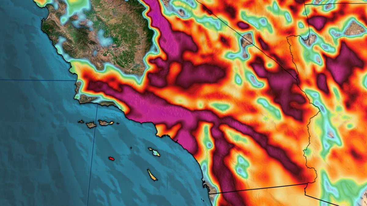 <i>CNN Weather via CNN Newsource</i><br/>Violent winds will roar over Southern California Tuesday into Thursday. This snapshot captures wind gusts late Tuesday night. Purples represent the strongest