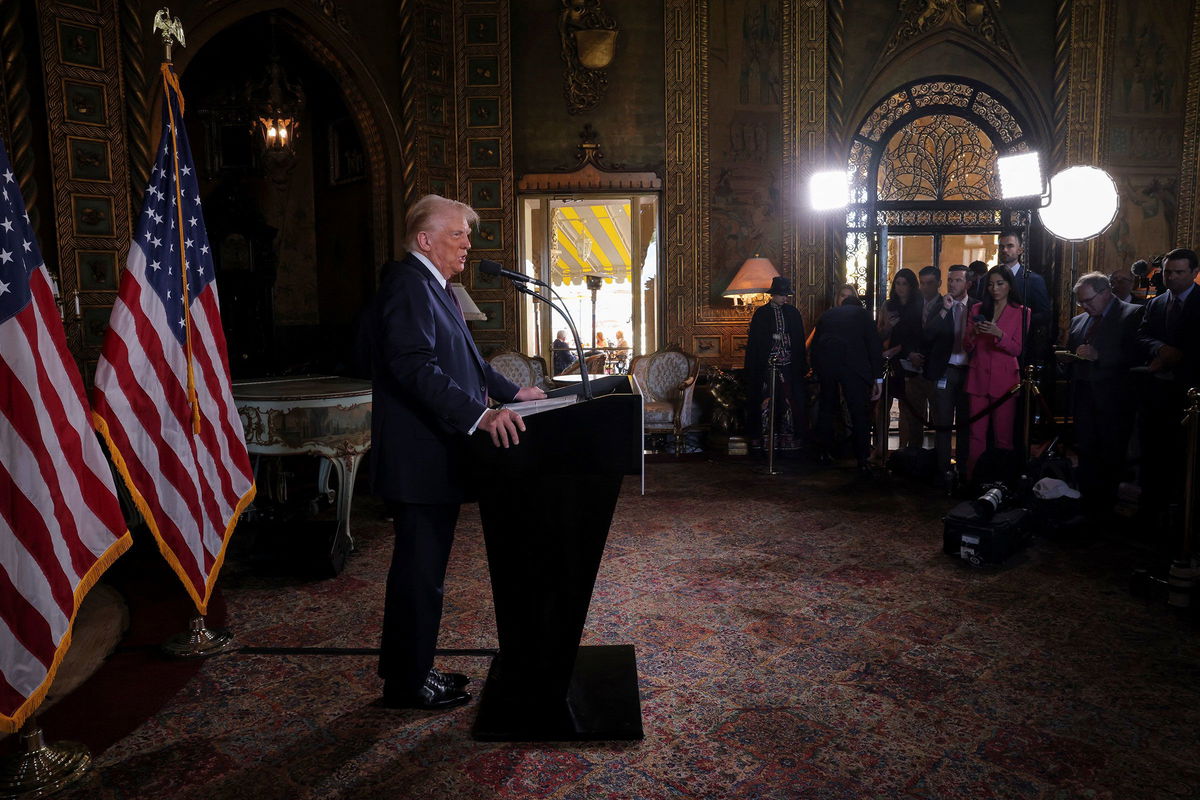 <i>Carlos Barria/Reuters via CNN Newsource</i><br/>President-elect Donald Trump speaks at Mar-a-Lago in Palm Beach