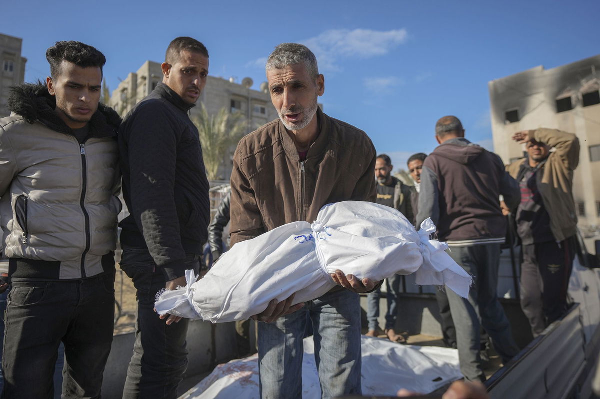 <i>Abdel Kareem Hana/AP via CNN Newsource</i><br/>The body of an 18-month-old is carried by her uncle for burial in the aftermath of an Israeli airstrike in Khan Younis