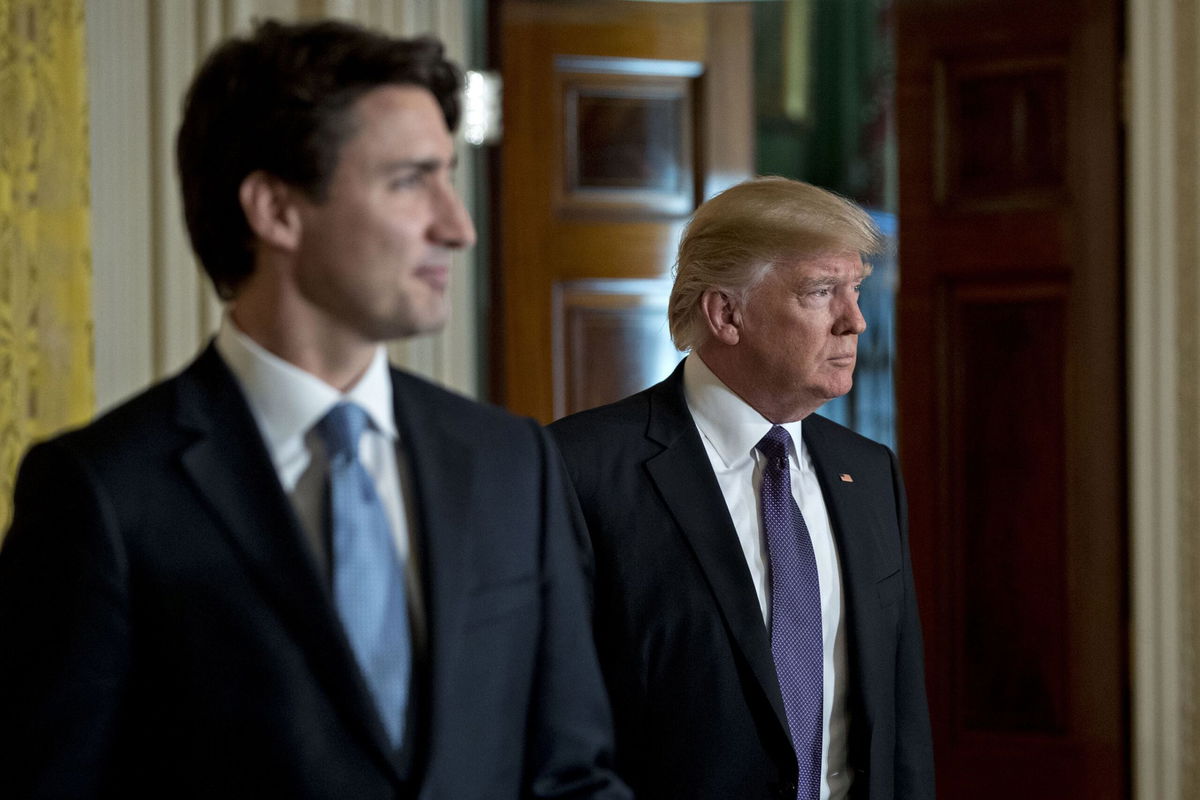 <i>Andrew Harrer/Bloomberg/Getty Images via CNN Newsource</i><br/>Donald Trump and Justin Trudeau