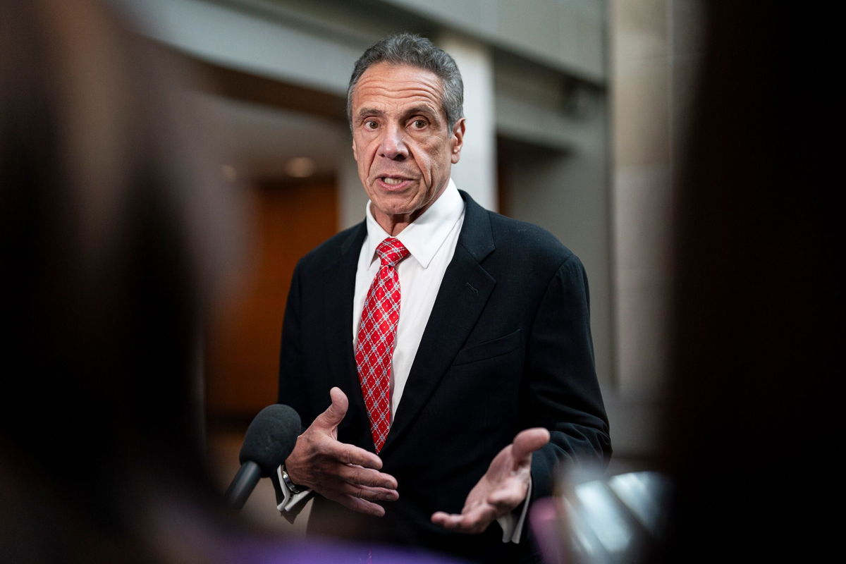 <i>Al Drago/Getty Images/File via CNN Newsource</i><br/>Former Gov. Andrew Cuomo  speaks to reporters following a closed-door interview with the House Oversight and Accountability Subcommittee on Coronavirus Pandemic on Capitol Hill on June 11 in Washington