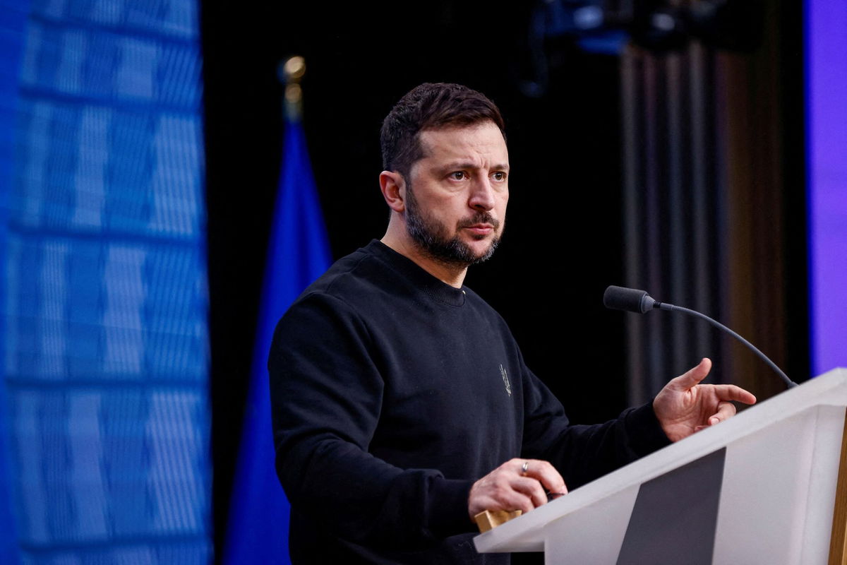 <i>Johanna Geron/Reuters via CNN Newsource</i><br/>Ukrainian President Volodymyr Zelensky speaks as he attends a European Union leaders summit in Brussels