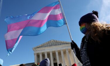 A transgender rights supporter stands outside of the US Supreme Court in Washington