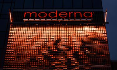 Pharmaceutical company Moderna signage is pictured on a building in Warsaw